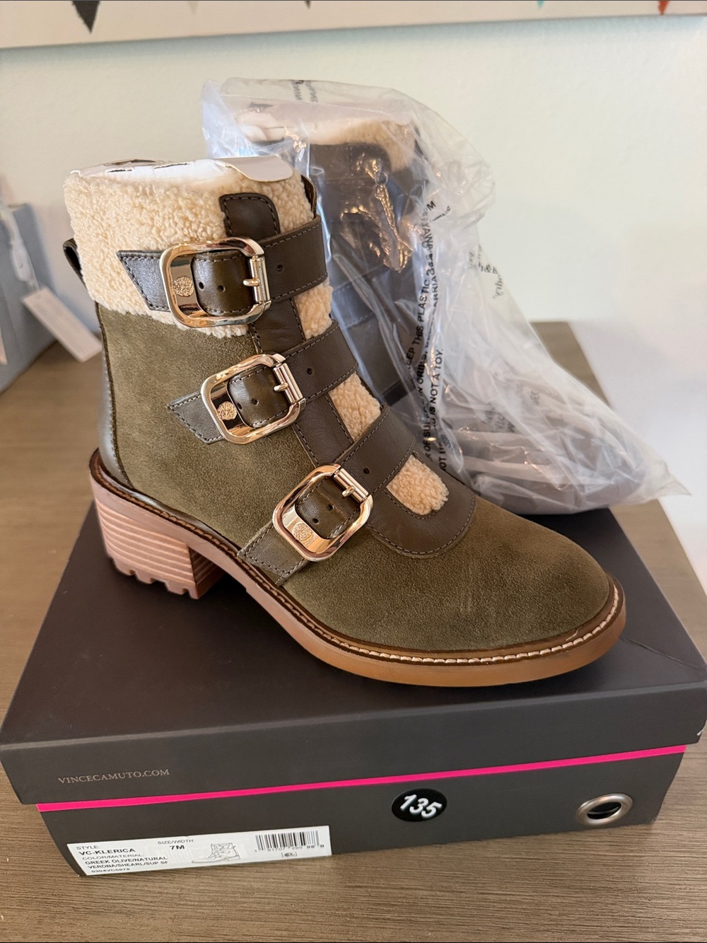 Vince Camuto Klerica Olive Suede Shearling Buckle Ankle Boots Size 7 NIB